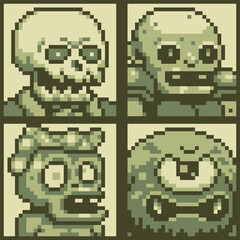 Pixel art one-eyed monster scull characters 8-bit, dead man, 80-s, avatar, angry face, cartoon vector icon, game user, web profile persons, people, social net portrait, minimalistic style. 