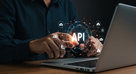 man using laptop with api graphic overlay, showcasing digital networking and connectivity concepts o
