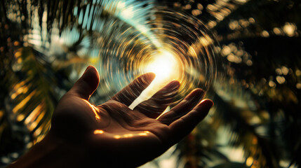 Wall Mural - A black hole pulsing with light and gravity in the center of a palm