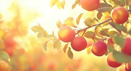 Vibrant Apple Branch Depiction. Natural Apples Amidst a Golden Hour Orchard Landscape