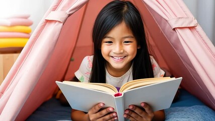 Smiling asian girl with book in hands in children's tent.