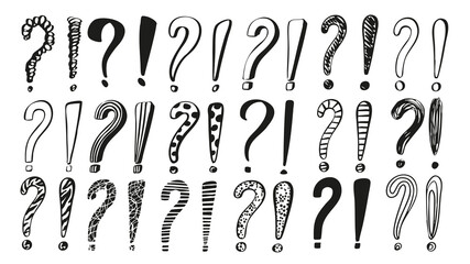 Aufkleber - Exclamation and question marks set of marker brush stroke texture. Doodle handwriting elements with black punctuation symbols, attention, warning, idea, communication signs. Illustration.