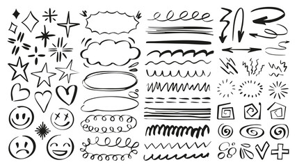 Aufkleber - Doodle underline emphasis scribble set of marker brush stroke texture. Handwriting elements with black stars, hearts, emoji, speech bubbles, clouds, curves, arrows, swirls, other. Illustration.