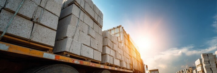 Poster - Concrete Blocks Loaded Into Freight Truck Under a Bright and Clear Sky in an Industrial Area
