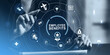 © ImageFlow - Business concept showing employee benefits icons for HR and job incentives with a person interacting on a futuristic digital interface screen.