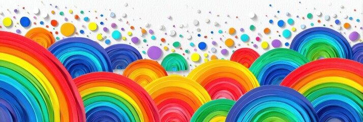 Fototapete - Vibrant Rainbow Sticker Collage Creating a Colorful Atmosphere on Bright White Paper Background