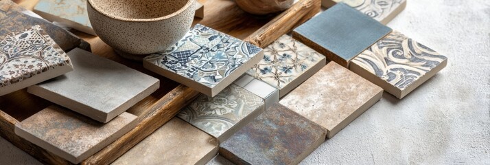 Aufkleber - Ceramic Tile Palette Displayed on Light Surface With an Open Upper Zone Showcasing Various Designs and Textures