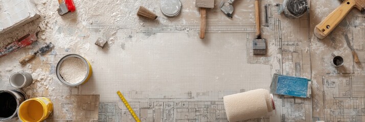 Poster - Overhead View of Renovation Interior Plan With Construction Tools and Materials for Home Improvement Project