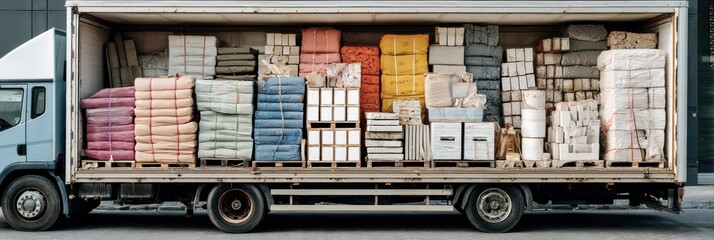 Poster - Open Delivery Truck Loaded With Diverse Construction Materials Showcasing Organized Layout at a Busy Urban Location