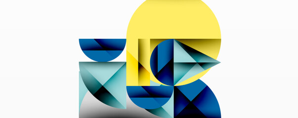 Fototapete - Abstract geometric composition. Shapes overlap, creating dynamic visual interest. Yellow circle contrasts cool blues, offering modern aesthetic.