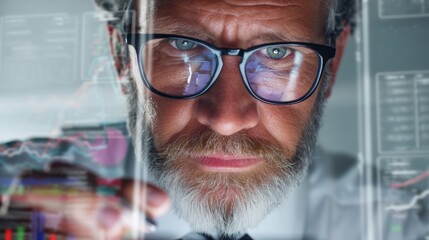 Wall Mural - a thoughtful businessman in midlife scrolls through data on a digital device, surrounded by a tech-s