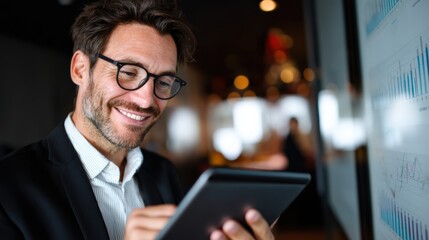 Wall Mural - corporate executive reviewing digital reports on his tablet with a focused yet cheerful demeanor..