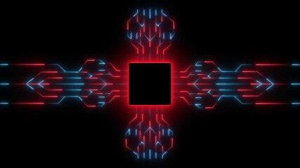 Advanced Futuristic CPU chip set and electric circuit with data transfer moving on dark background Neon glowing futuristic cyberspace technology background template.