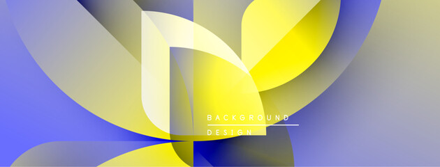 Poster - Abstract design features flowing yellow shapes over blue gradients. Modern composition with text element, simple yet dynamic visual.