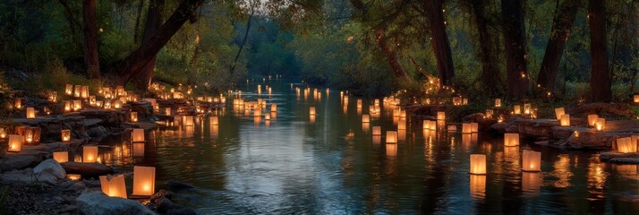 Aufkleber - Glowing Lanterns Illuminating a Peaceful River Reflection at Twilight Among Tranquil Trees and Calm Waters