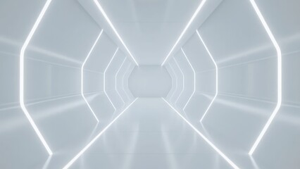 A futuristic, white corridor with glowing lines forming a geometric pattern