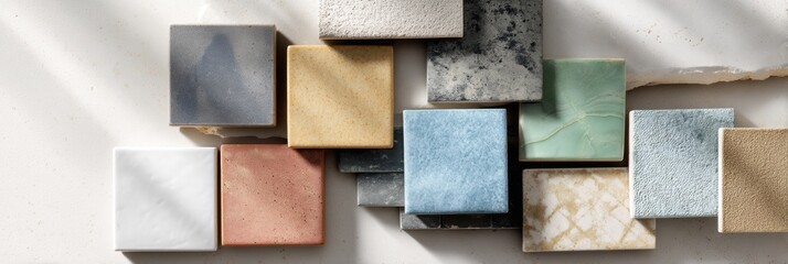 Leinwandbilder - Ceramic Tile Palette Showcasing Various Colors and Textures on a Light Surface With an Open Upper Zone