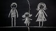 © suyu - Chalk drawing on blackboard showing child standing between two separated parents, symbolizing family split, childhood trauma, emotional distress, broken relationships, psychological impact of divorce