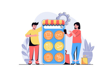 Poster - Mobile commerce web concept with cartoon people design. Woman and man making online purchases, ordering clothes, shoes or food at shop in app. Flat illustration isolated on white background.
