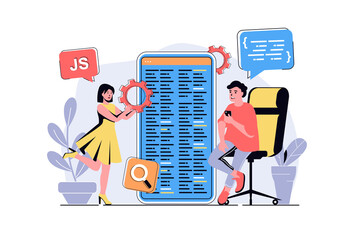Poster - App development web concept with cartoon people design. Man and woman creating mobile interface layout, prototyping and programming at screen. Flat illustration isolated on white background.