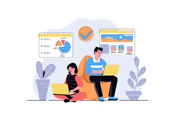 Aufkleber - Freelance working web concept with cartoon people design. Woman making data analysis at laptop and man designing webpage while sits in armchair. Flat illustration isolated on white background.