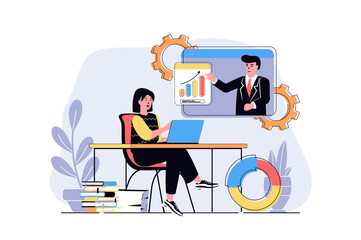 Fototapete - Business webinar web concept with cartoon people design. Woman learning at online training with business coach with data analysis seminar. Flat illustration isolated on white background.