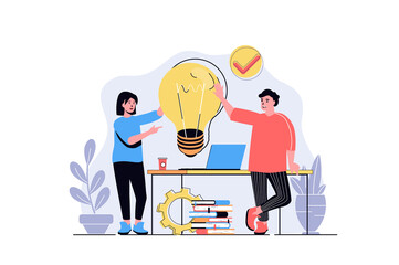 Aufkleber - Teamwork web concept with cartoon people design. Man and woman brainstorming, generating ideas and solutions, collaboration and cooperation. Flat illustration isolated on white background.