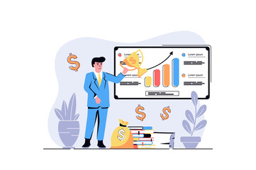 Aufkleber - Business award web concept with cartoon people design. Man celebrating victory with trophy cup, achieving financial growth and earning money. Flat illustration isolated on white background.