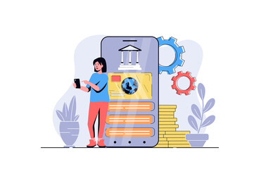 Poster - Mobile banking web concept with cartoon people design. Woman making financial management, accounting and transaction, paying for purchase in app. Flat illustration isolated on white background.