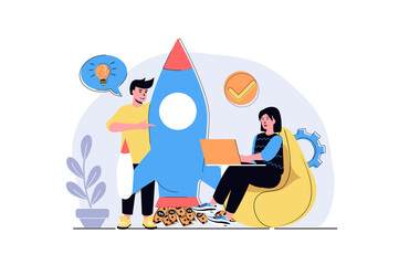 Aufkleber - Business startup web concept with cartoon people design. Man and woman launching new business, investing money, develop success project together. Flat illustration isolated on white background.