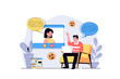 © alexdndz - Video chatting web concept with cartoon people design. Man talking to woman by video calling using laptop, connecting with virtual friends. Flat illustration isolated on white background.