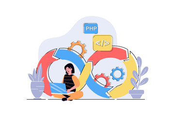 Fototapete - DevOps web concept with cartoon people design. Woman working with programming and management, using job integration practice and agile cycles. Flat illustration isolated on white background.
