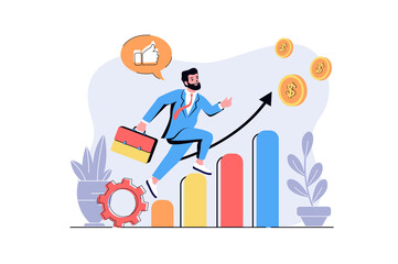 Aufkleber - Business growth web concept with cartoon people design. Businessman successfully developing company, increases sales performances at graphs. Flat illustration isolated on white background.