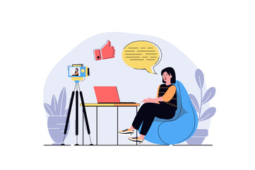Fototapete - Blogging web concept with cartoon people design. Woman recording new video at camera, making live broadcasting and answering followers comments. Flat illustration isolated on white background.