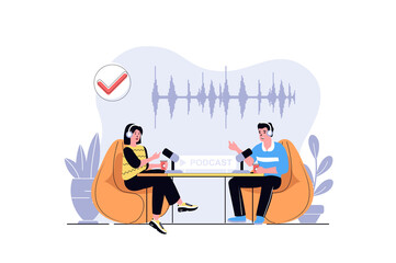 Aufkleber - Podcast streaming web concept with cartoon people design. Woman and man in earphones broadcasting live at studio, recording audio conversation. Flat illustration isolated on white background.