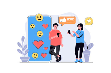 Poster - Social network web concept with cartoon people design. Woman and man writing messages in dating app, chatting online, posts and likes in app. Flat illustration isolated on white background.