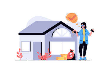 Poster - Real estate web concept with cartoon people design. Woman investing money in property owning and buying new house, making deal and getting key. Flat illustration isolated on white background.
