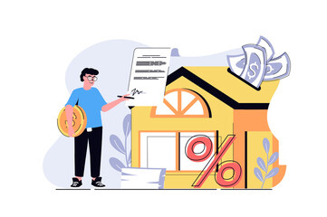 Poster - Mortgage web concept with cartoon people design. Man getting bank loan for buying new house, signing agreement documents for property owning. Flat illustration isolated on white background.