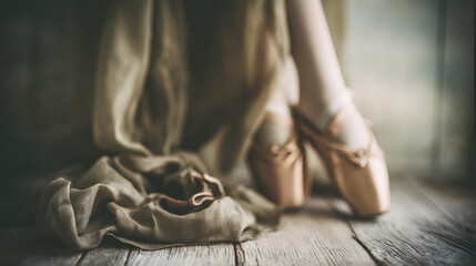 Ballet shoes resting on a wooden floor with soft fabric nearby, evoking grace and quiet preparation.