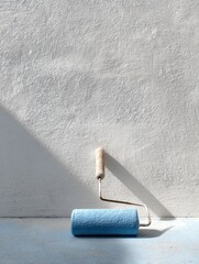 Poster - Bright Primer Application on Concrete Wall With Paint Roller in Modern Workspace Setting