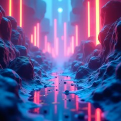 Aufkleber - A digital art image of a futuristic landscape with glowing neon lights and a river through rocky terrain. This scene shows a vibrant and technological aesthetic, creating a sense of awe and wonder.