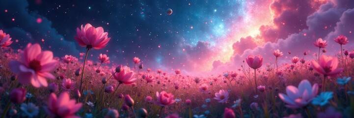Wall Mural - Cosmic field, vibrant galaxy flowers bloom, ethereal reflection , art, artwork