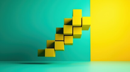Wall Mural - a stack of yellow cubes is suspended in midair above a green wall