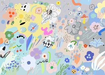 Wall Mural - Creative universal floral background. Modern graphic design. Hand Drawn textures. Ideal for web, card, poster, cover, invitation, brochure. Vector