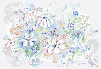 Wall Mural - Creative universal floral background. Modern graphic design. Hand Drawn textures. Ideal for web, card, poster, cover, invitation, brochure. Vector