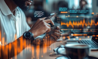 person using a phone, overlayed with data visualizations