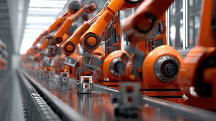 Wall Mural - conveyor system loaded with ev battery units being monitored by automated robotic arms.