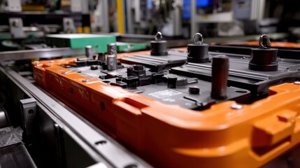 Wall Mural - digital control systems and robotic precision forming core of ev battery pack production.