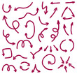 © Yulia - Dark pink arrows hand drawn set sketch curved direction symbols with dynamic style, Flat Illustration