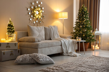 Poster - Beautiful Christmas tree and other decor in cozy room. Festive interior design